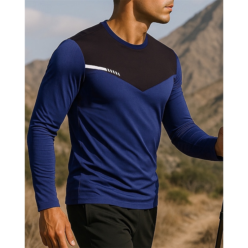 Men's Hiking Tee shirt Hiking Sweatshirt Hiking top Long Sleeve Crew Neck Tee Tshirt Top Outdoor Breathable Quick Dry Lightweight Elastic Pullover Polyester Patchwork Black White Army Green Tennis3