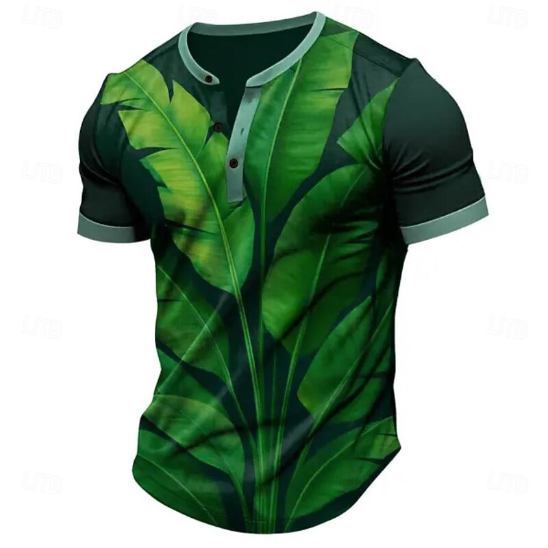 Men's Leaves T Shirt Henley Shirt Short Sleeve Designer Retro Vintage Casual Street Casual Daily Summer Spring Army Green Henley Henley T-Shirt