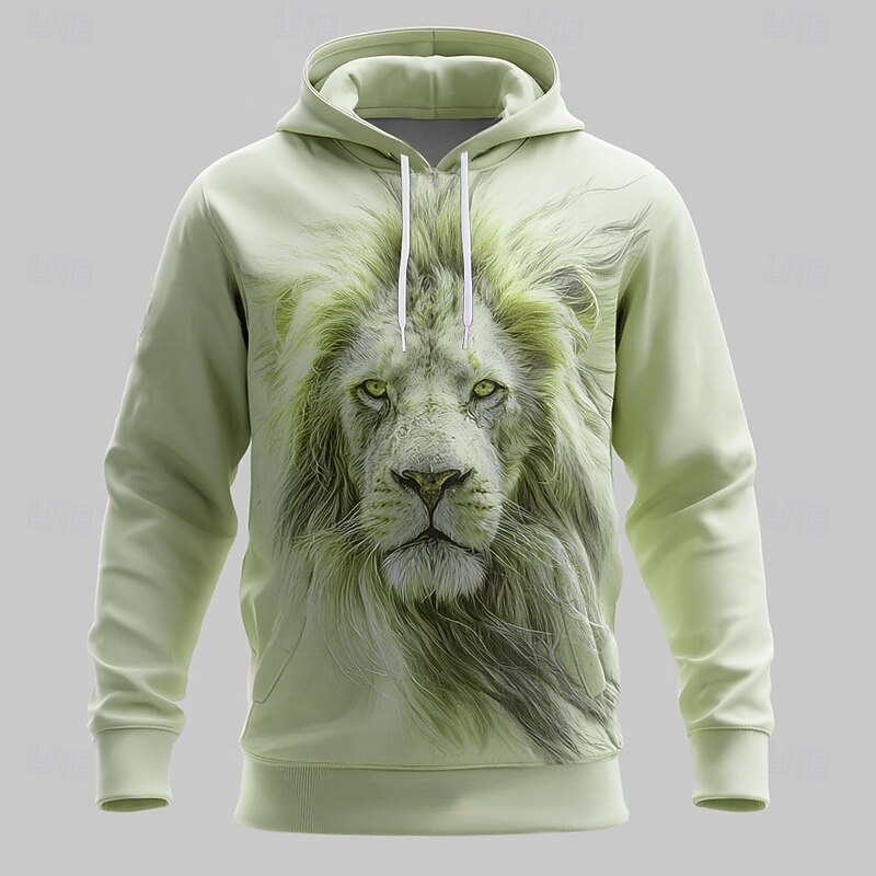 Men's Lion 3D Hoodies Sweatshirt Cool Party Long Sleeve Crew Neck Club Streetwear White Green Drawstring Fall Winter Designer3