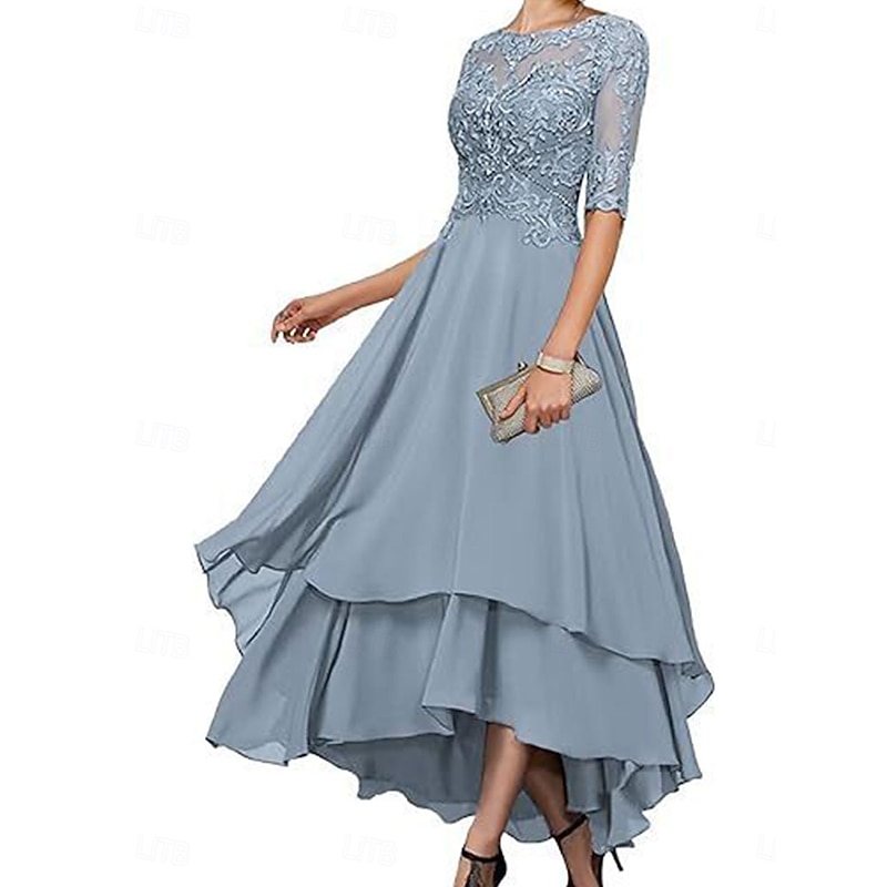 A-Line Mother of the Bride Dress Elegant Simple Boat Neck Asymmetrical Polyester Half Sleeve with Solid Color