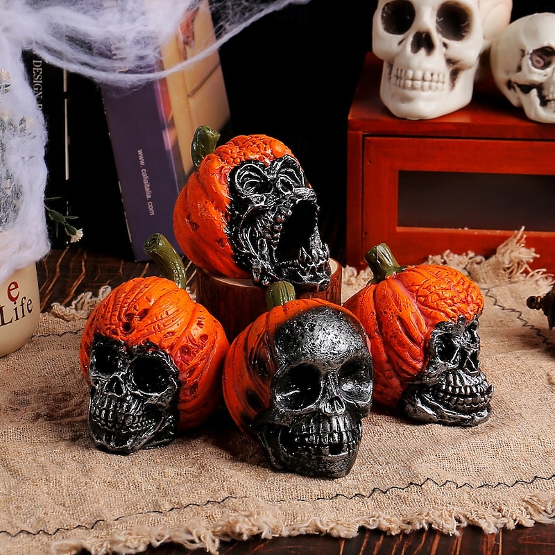 Halloween Skull Resin Figurine with Pumpkin Hat, Spooky Head Skeleton Decoration for Haunted House, Horror Room, Tabletop Display & Party Decor