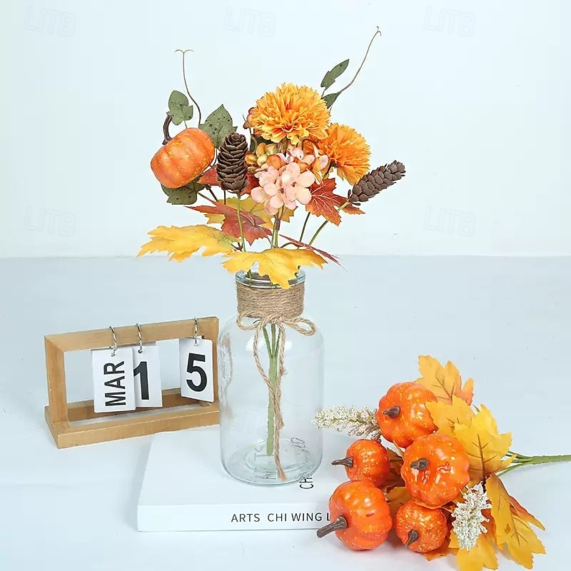 1 Bundle Fall Pumpkin and Maple Leaf Pick, Artificial Harvest Season Home Decor, Thanksgiving Autumn Leaf Arrangement2
