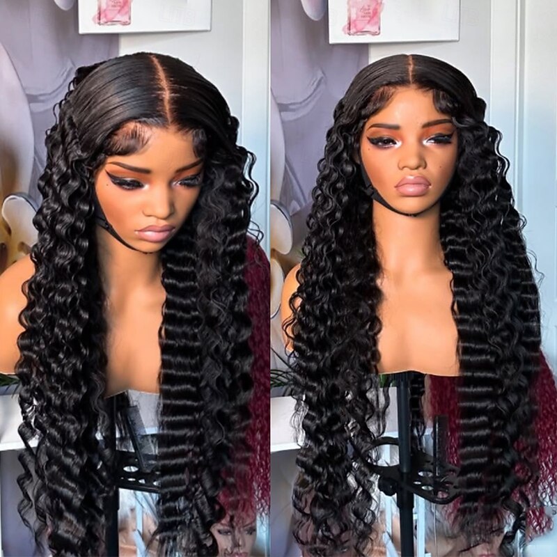 Unprocessed Virgin Hair 5x5 Closure 13x4 Lace Front Wig Free Part Brazilian Hair Deep Wave Black Wig 130% 150% Density 100% Virgin Glueless Pre-Plucked For Women Long Human Hair Lace Wig