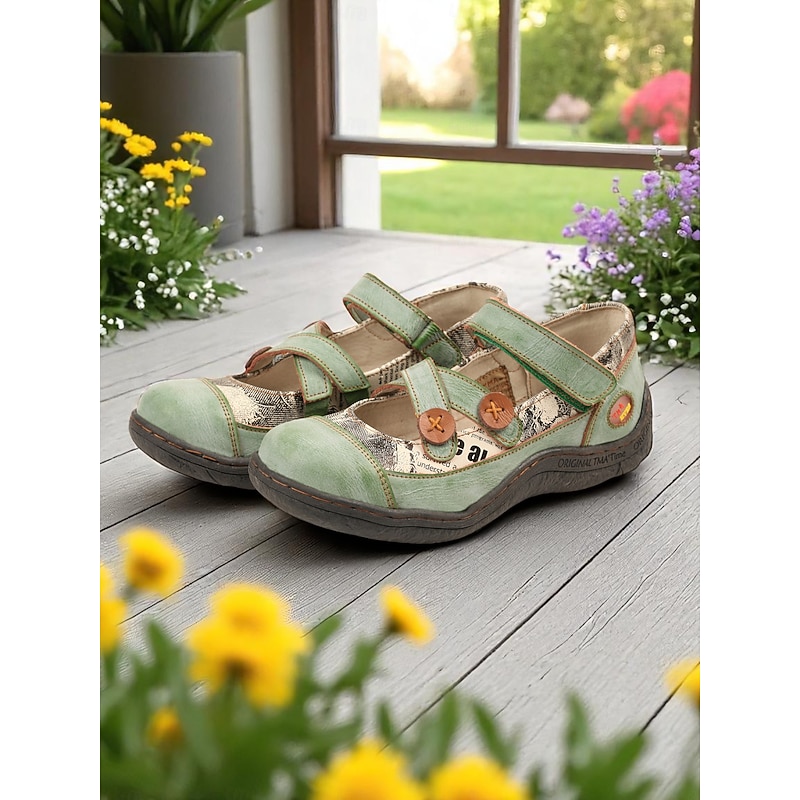 Women's Handmade Genuine Leather Casual Shoes – Wide Width Comfort Flats with Hook & Loop Closure for Countryside Walks, Travel, Beer Festivals and Outdoor Gatherings4