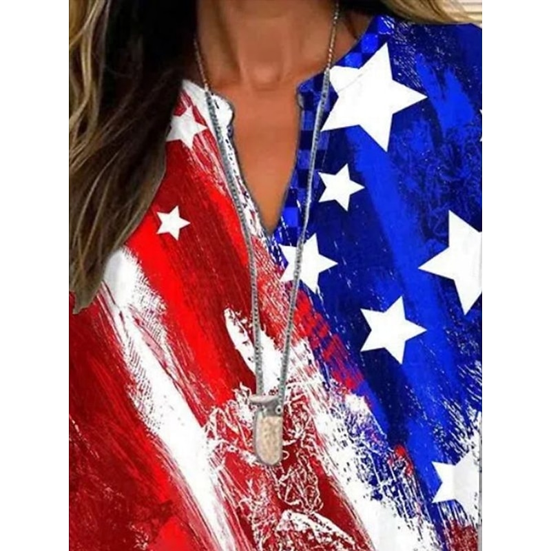 American Independence Day Women's Shirt Flag Stylish Modern Long Sleeve V Neck Regular Tops Daily Holiday Buttons Print Red Summer2