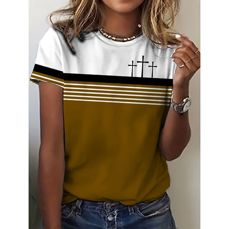 Women's T Shirt Graphic Striped Vintage Stylish Classic Short Sleeve Crew Neck Regular Tops Daily Weekend Print Red Blue Brown Summer Spring3