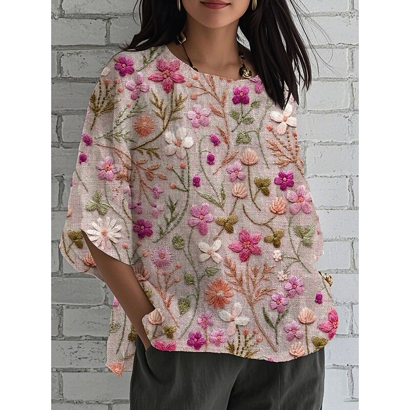 Women's Blouse Long Sleeve Floral Graphic Elegant Stylish 3/4 Length Sleeve V Neck Boat Neck Regular Tops Daily Holiday Print Yellow Pink Green Summer Spring2