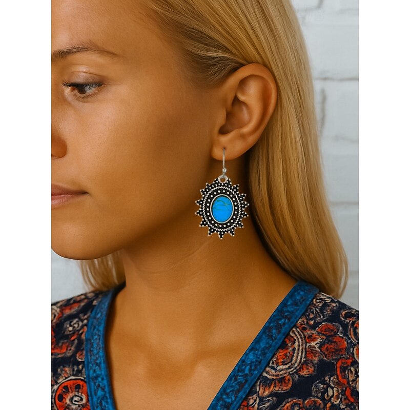 Women's Boho Turquoise Heart Drop Earrings – Vintage Silver Accents, Natural Stone Dangle Design for Free-Spirited Women, Ideal for Music Festivals, Casual Outings and Gifts3