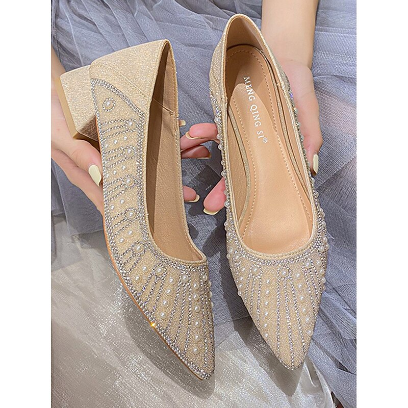 Women's Pearl Embellished Pointed Toe Block Heels, Elegant Glitter Pumps for Cocktail Parties and Formal Events4