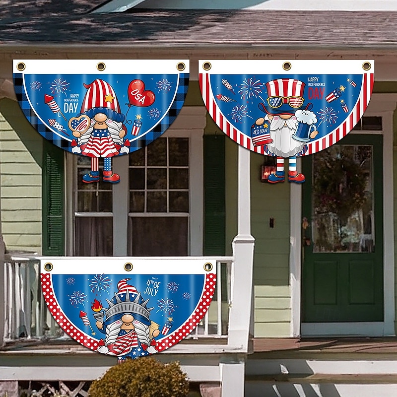 4th of July American Pleated Fan Flag,USA Patriotic Flag Independence Day Gnomes with Leg Half Fan Banner Decoration Indoor/Outdoor