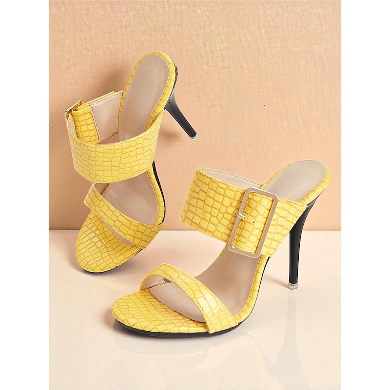Women's Yellow Croc-Embossed High Heel Sandals with Buckle Strap - Bold Open-Toe Party Shoes for Nightlife, Clubs and Summer Events