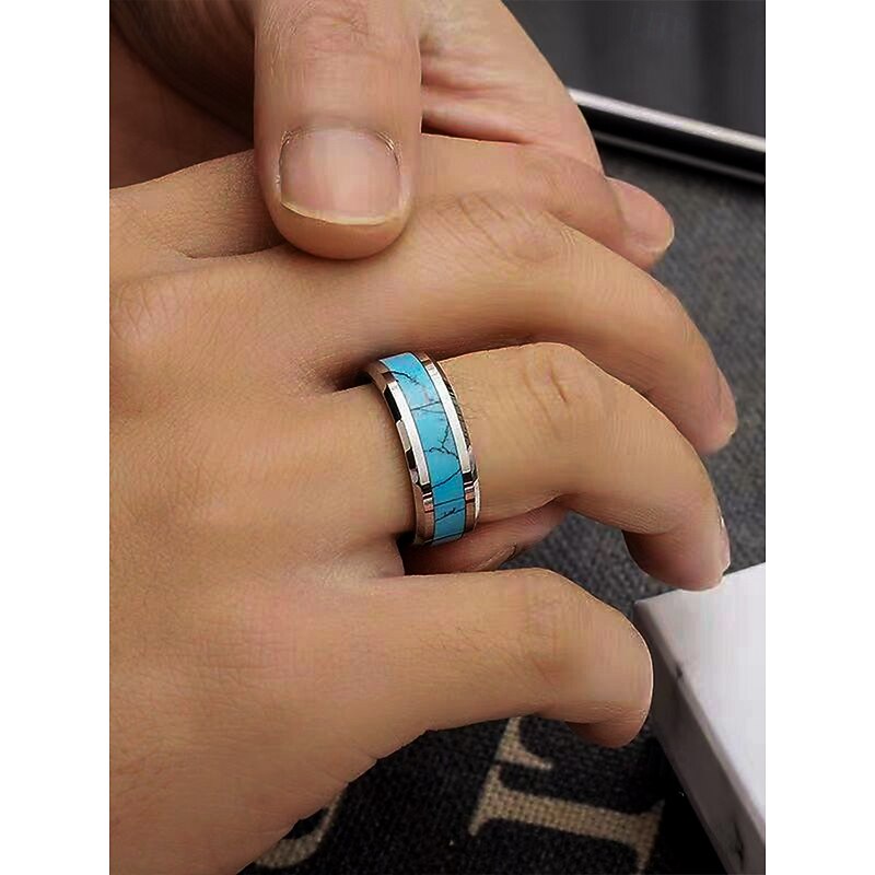 Men's Stainless Steel Blue Turquoise Inlay Ring, Polished Comfort Fit Band, Western Style Jewelry for Daily Wear, Weddings or Gifts2