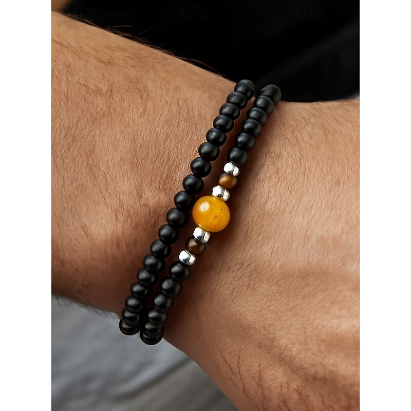 Men's Natural Stone Beaded Bracelet Set, Matte Black and Tiger Eye Beads with Yellow Accent, Minimalist Style for Business, Casual and Gift Occasions3