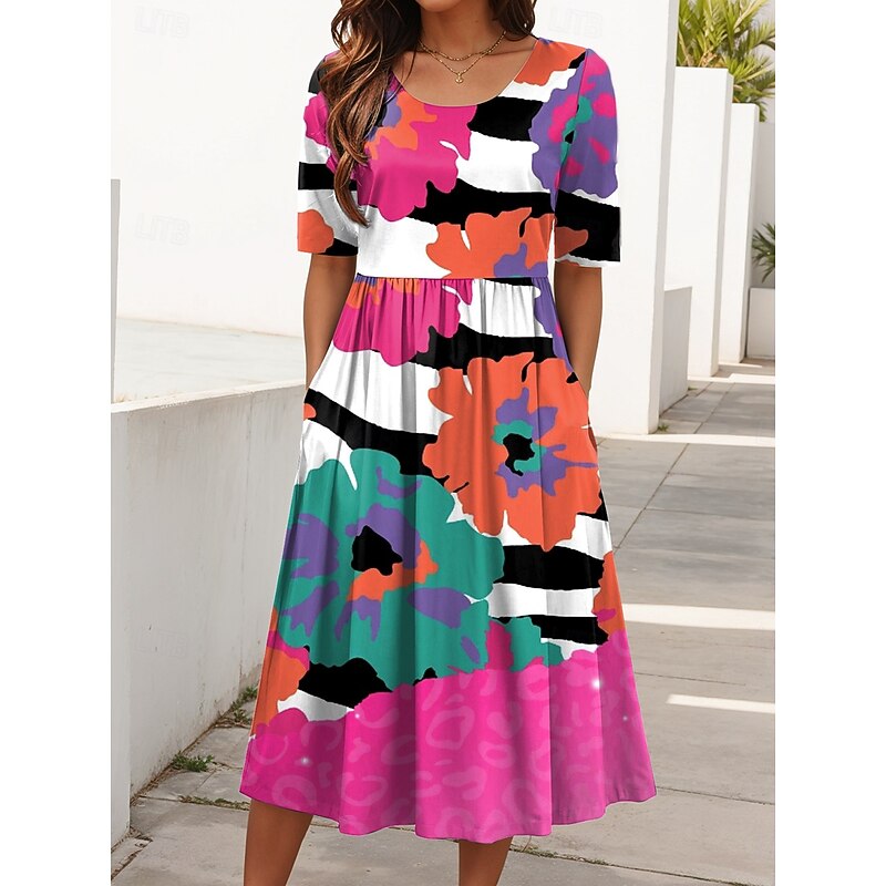 Women's Midi Dress Summer Dress Pleated Dress Vacation Casual Holiday Regular Fit Graphic Geometric Half Sleeve Crew Neck Red Blue Purple Summer Spring3