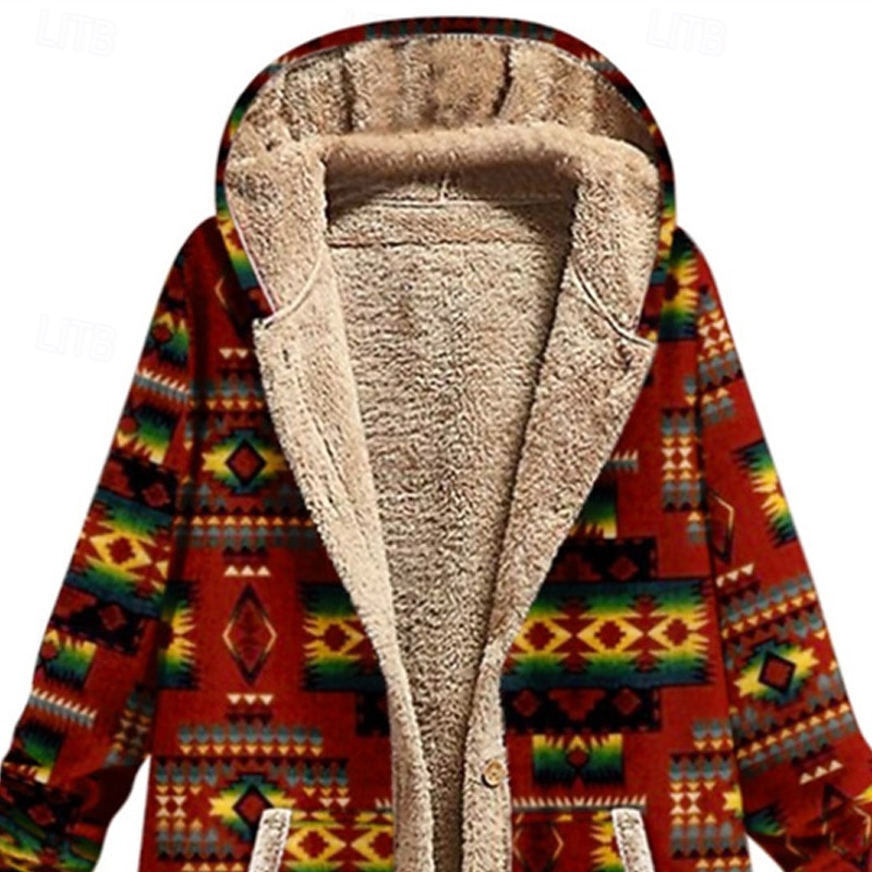 Women's Fleece Jacket Coat Hoodie Jacket Warm Comfortable Zipper Pocket Fashion Modern Casual Geometric Going out Weekend Zipper Regular Hooded Regular Fit Long Sleeve Outerwear Wine Khaki Winter3