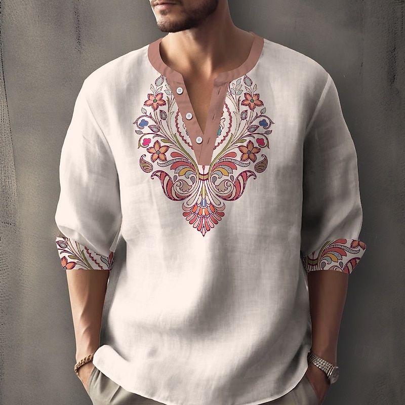 Men's Boho Ethnic Indian Culture Shirt Henley Shirt Tunic Shirts Long Sleeve Vintage Retro Outdoor Vacation Daily Summer Spring V Neck Button Up 3D Print Linen Like Shirt Apricot