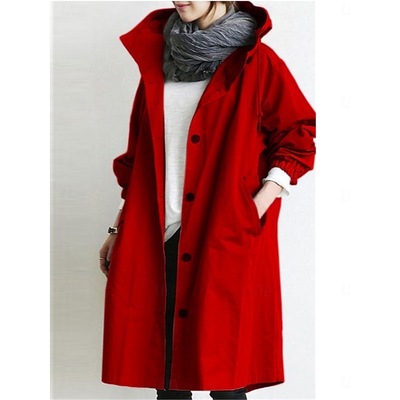 Women's Trench Coat Comfortable Breathable Buttons Casual Solid Color Vacation Street Casual Daily Wear Single Breasted Long Hooded Regular Fit Long Sleeve Outerwear Light Blue Red Khaki Spring Fall2