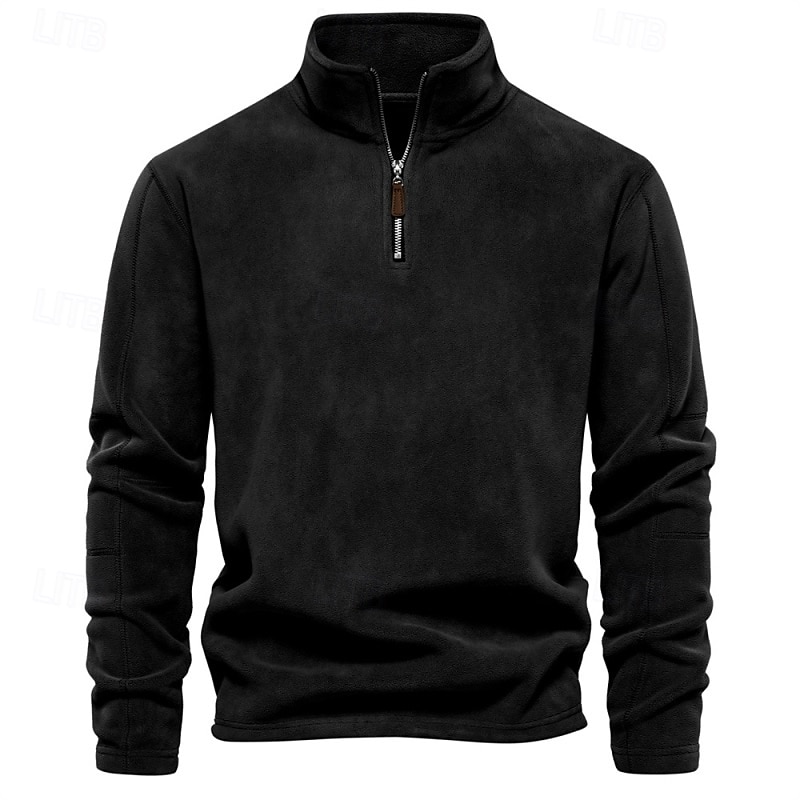 Men's Zip Sweatshirt Fleece Hoodie Light Khaki. Black White Navy Blue Brown Standing Collar Plain Zip Up Quarter Zip Sports & Outdoor Casual Daily Streetwear Cool Sportswear Fall Fall & Winter3