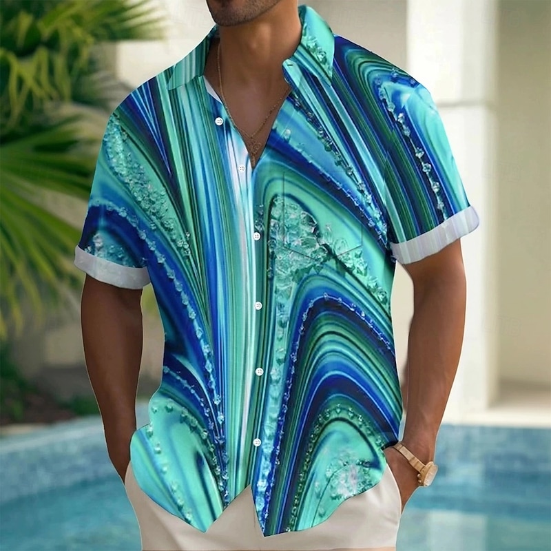 Men's Geometric Abstract Art Shirt Summer Shirt Button Up Shirt Short Sleeve Fashion Casual Outdoor Vacation Dailywear Summer Spring Turndown 3D Print Collared Shirts Front One Pocket Blue