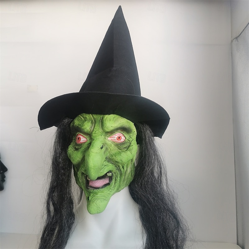 Halloween Witch Mask For Adults Realistic Scary Costumes Latex Face Mask, Black Hat Green Face Creepy Halloween Witch Headgear for Party and Cosplay2