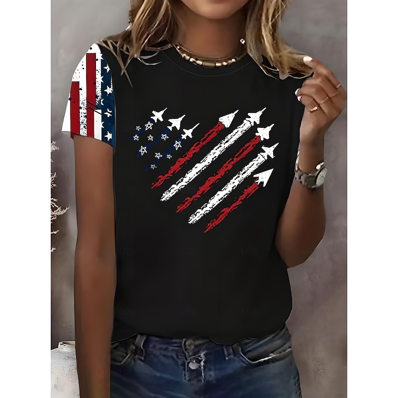 Women's Patriotic  T Shirt Graphic Flag Vintage Stylish Classic Short Sleeve Crew Neck Round Neck Regular Tops Daily Weekend Print Black White Red Blue Summer Spring3