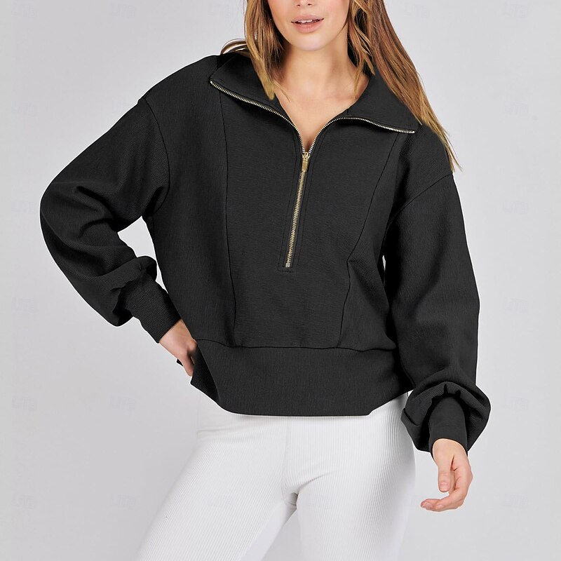 Women's Texture Sweatshirt Texture Blouse Pullover Sweatshirt Plain Streetwear Casual Comfy Long Sleeve V Neck Regular Tops Street Holiday Going out Quarter Zip Black Khaki Gray Fall2