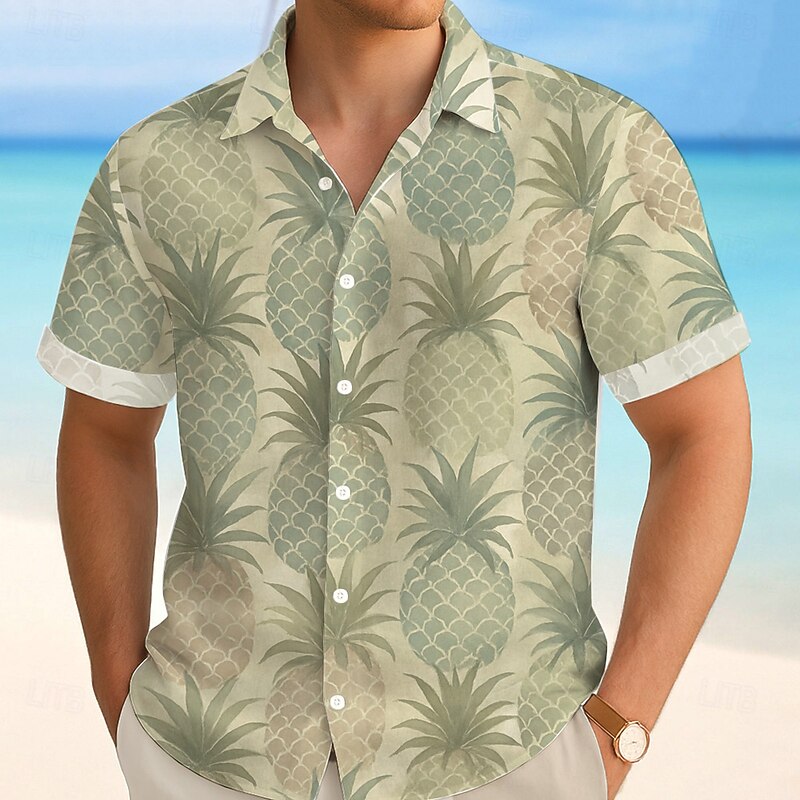 Men's Fruit Pineapple Tropical Summer Hawaiian Shirt Button Up Shirt Aloha Shirt Short Sleeve Hawaiian Vacation Beach Wear Summer Spring Turndown 3D Print Collared Shirts Light Khaki Blue Dark Green4