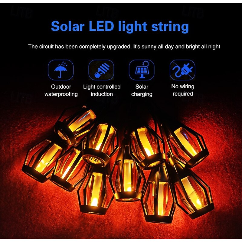 1 Pc 15 Leds Outdoor Waterproof Solar Flashing Flame Lantern String Garden Courtyard Camping Christmas Halloween Wedding Atmosphere Decoration Lighting