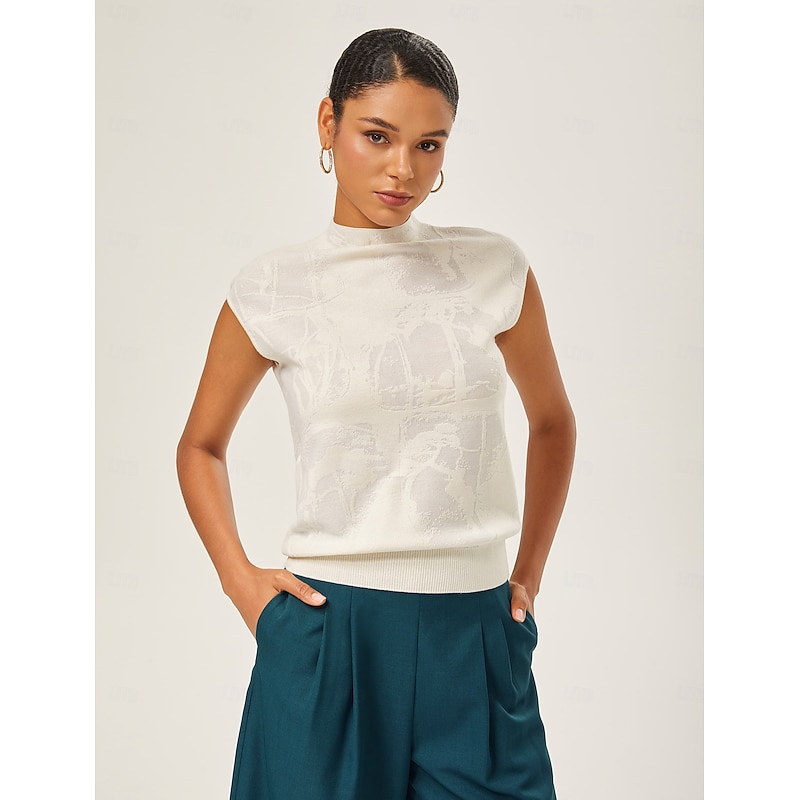 Ivory Wool Jacquard Mock Neck Knit Top4