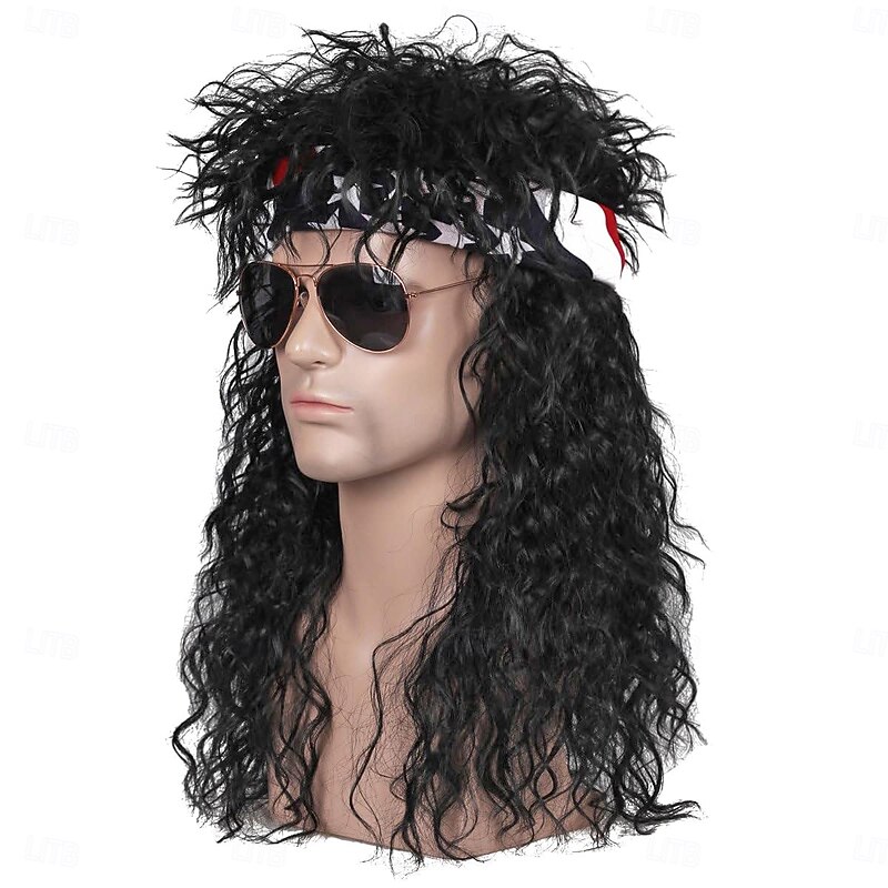 80s Wig For Men Long Curly Black Rocker Cosplay Wig For Halloween(Only Wigs)4