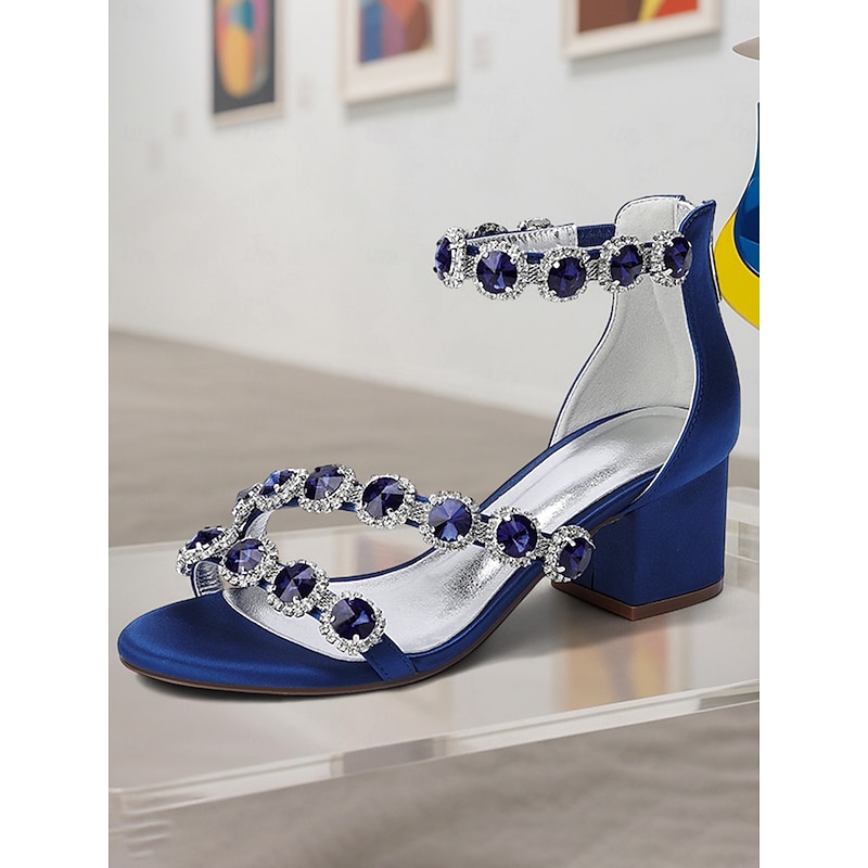 Women's Blue Satin Block Heel Sandals - Rhinestone Embellished Evening Shoes with Ankle Strap for Formal Banquets and Cocktail Parties3