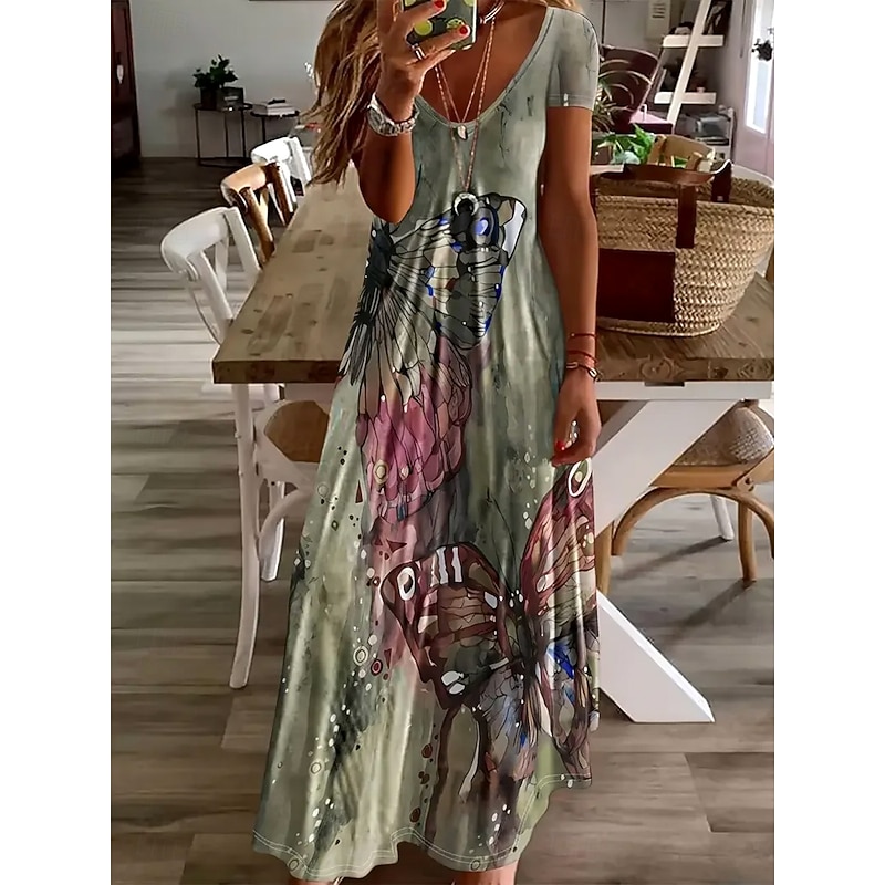 Women's Maxi Dress Casual Dress A Line Dress Summer Dress Elegant Vacation Casual Regular Fit Floral Graphic Abstract Short Sleeve U Neck Red Light Brown Summer Spring Fall4