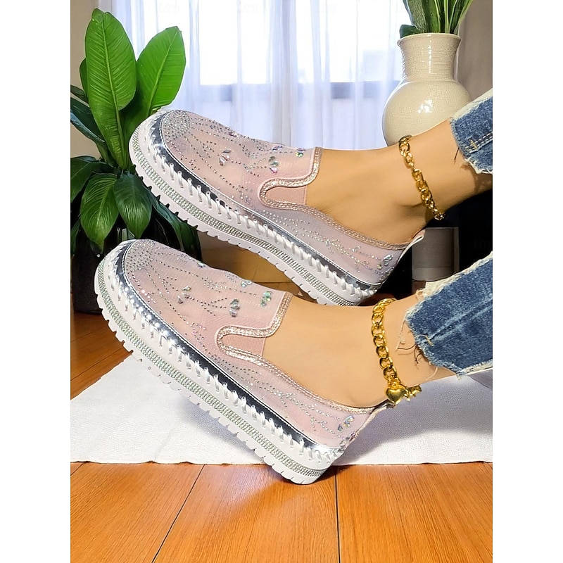Women's Rhinestone Mesh Platform Slip-On Sneakers - Sparkly Breathable Casual Shoes with Chunky Sole for Daily Dates and Stylish Outings4