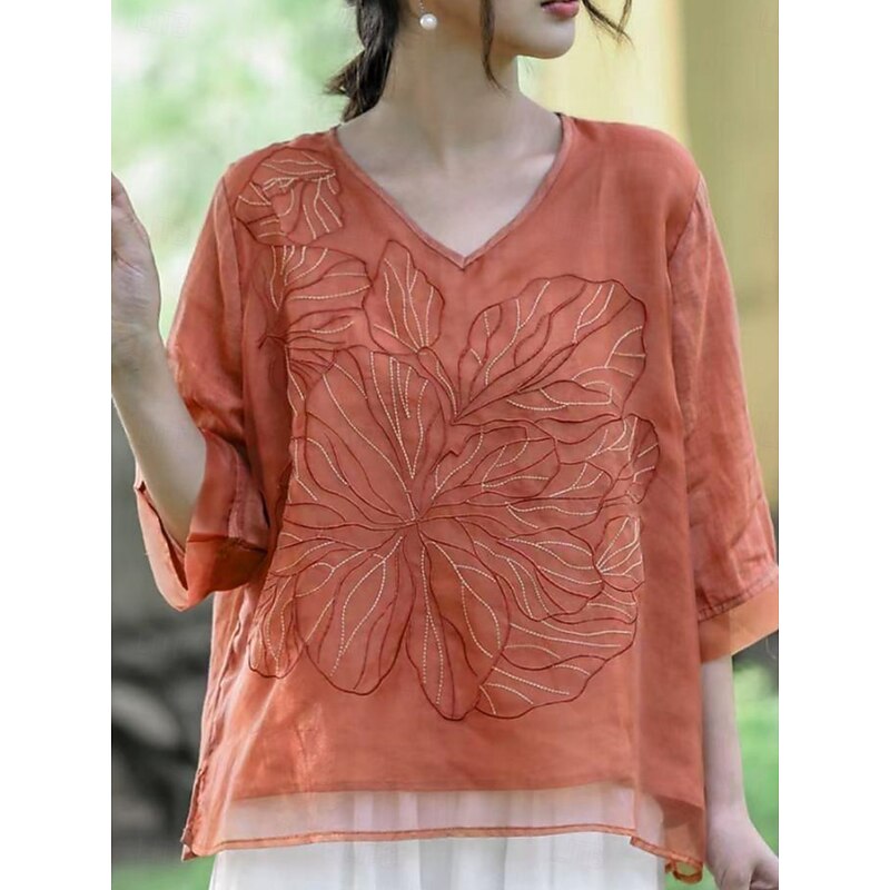 Women's Cotton Linen Shirts Solid Color Basic Casual 3/4 Length Sleeve V Neck Regular Tops Daily Embroidered Navy Blue Blue Purple Orange Apricot Summer2