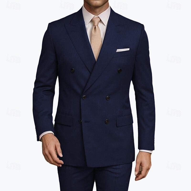 Men's Business Suits Peaked Lapel Navy Blue Formal WorkWear Solid Colored Standard Fit 2 Piece Double Breasted Six-buttons