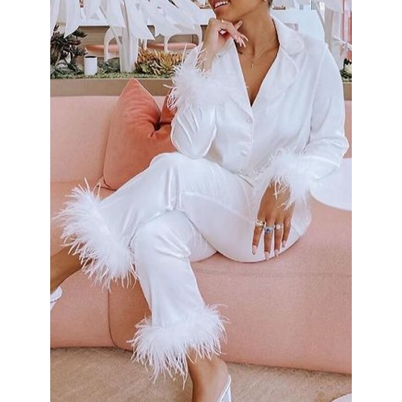 Women's Pajama Set Casual Comfort Pure Color Elastic Waist Feather Shirt Pant Home Daily Long Sleeve Shirt Collar Black White Pink Red Blue Summer Spring Fall Regular Fit4