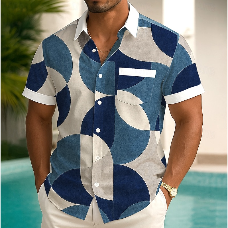 Men's Geometric Multi Color Circle Shirt Summer Shirt Button Up Shirt Short Sleeve Fashion Casual Outdoor Vacation Dailywear Summer Spring Turndown 3D Print Collared Shirts Front One Pocket Blue Green
