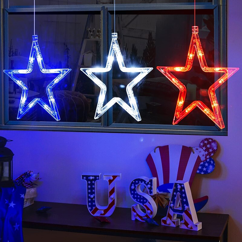 3 Pcs Patriotic Hanging Lights July 4th Independence Day Red, White, Blue Pentagram Suction Cup Window Light AAA Battery Box Party Patriotic Atmosphere Decorative Light American Flag2