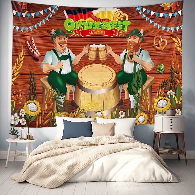 Oktoberfest German Bavarian Hanging Tapestry Pretzel Beer Bratwurst Wall Art Blue White Plaid Large Tapestry Mural Decor Photograph Backdrop Festival2