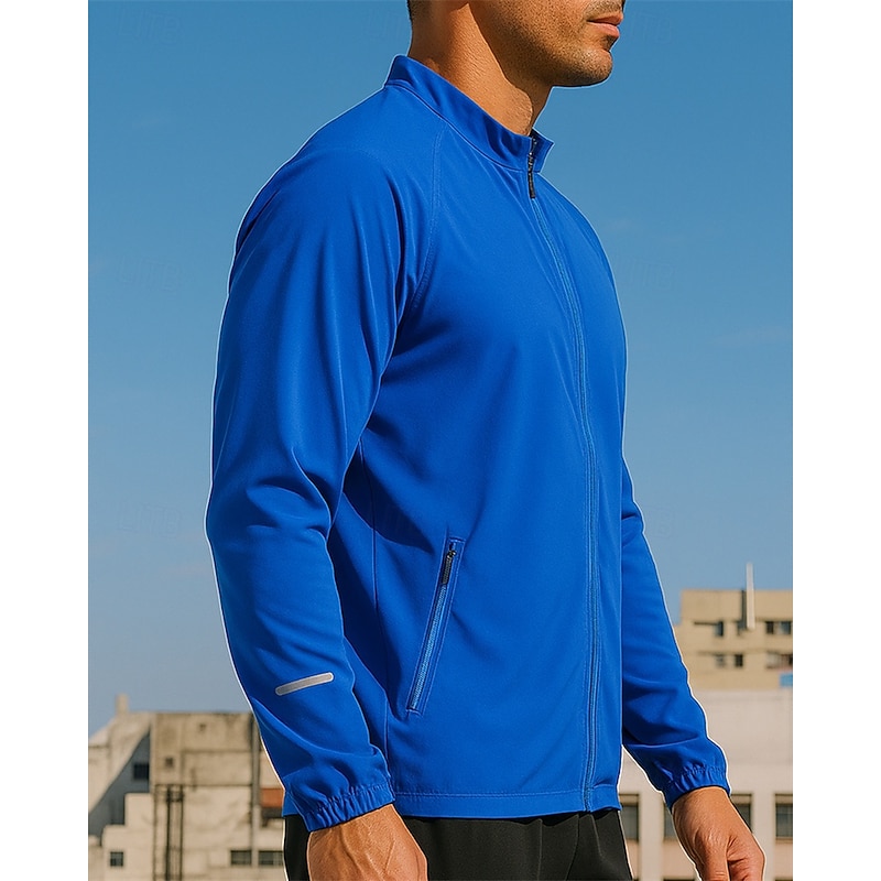 Men's Running Jacket Outdoor Jacket Full Zip Long Sleeve Outerwear Athletic Solid Colored Sun Protection Quick Dry Lightweight Breathable Tennis Golf Running Sportswear Activewear Black White Blue3