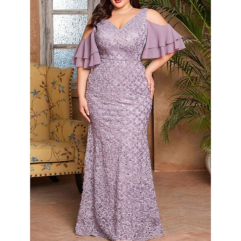 Mermaid / Trumpet Evening Gown Elegant Dress Formal Wedding Floor Length Short Sleeve V Neck Lace with Embroidery3