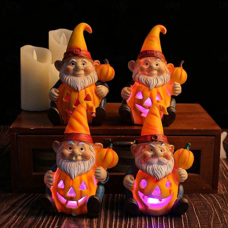 Halloween Pumpkin Gnome Resin Figurine, Glowing Pumpkin Holding Elderly Gnome, Novelty Yard Decoration, Light-Up Resin Craft Statue2