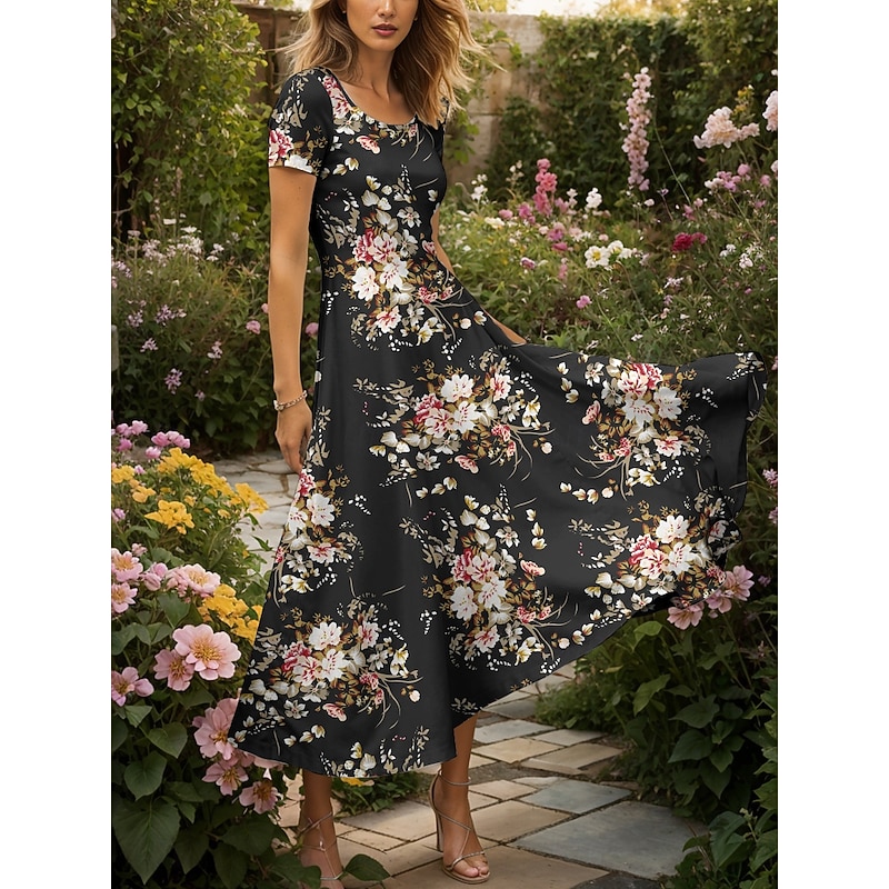 Women's Maxi Dress Knit Dress Casual Dress A Line Dress Summer Dress Elegant Vacation Casual Regular Fit Floral Graphic Short Sleeve Square Neck Scoop Neck Yellow Red Blue Purple Summer Spring