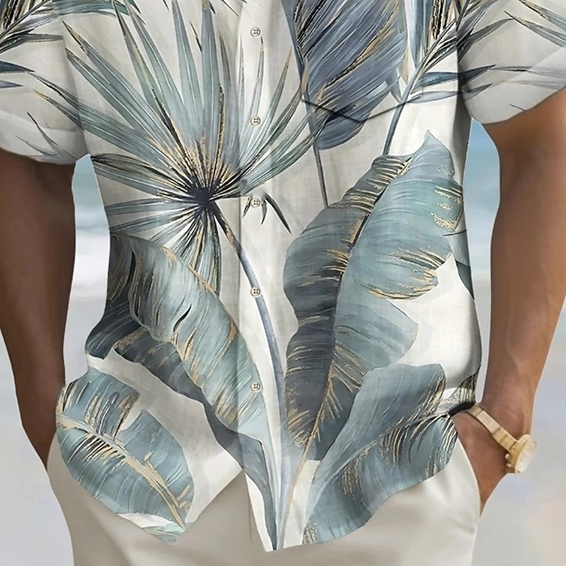 Men's Palm Leaf Tropical Plants Summer Hawaiian Shirt Button Up Shirt Aloha Shirt Short Sleeve Hawaiian Holiday Beach Wear Summer Spring Turndown 3D Print Collared Shirts Front One Pocket Light Green3
