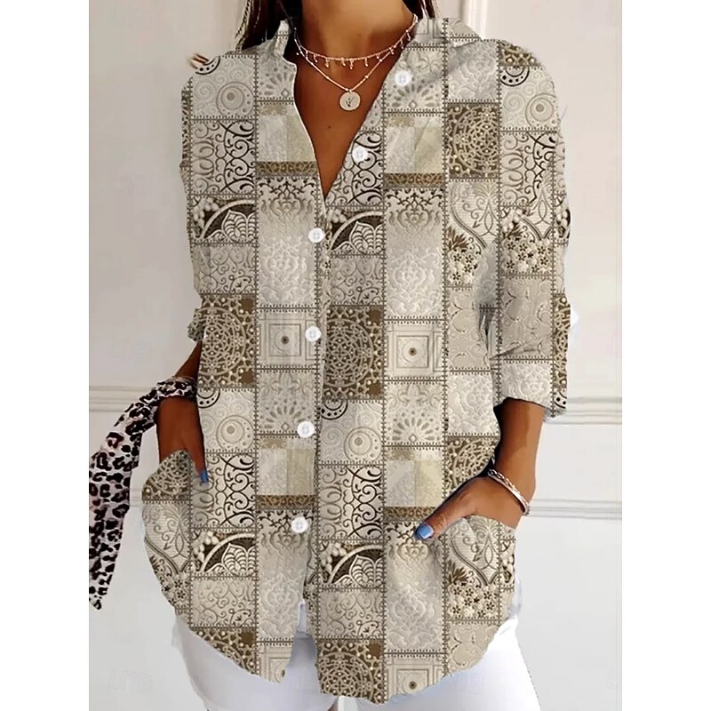 Women's Shirt Button Down Tunic Shirt Collar Long Sleeve Graphic Geometric Striped Vintage Tropical Daily Regular Tops Work Daily Holiday s Print Wine Red Khaki Spring Fall3