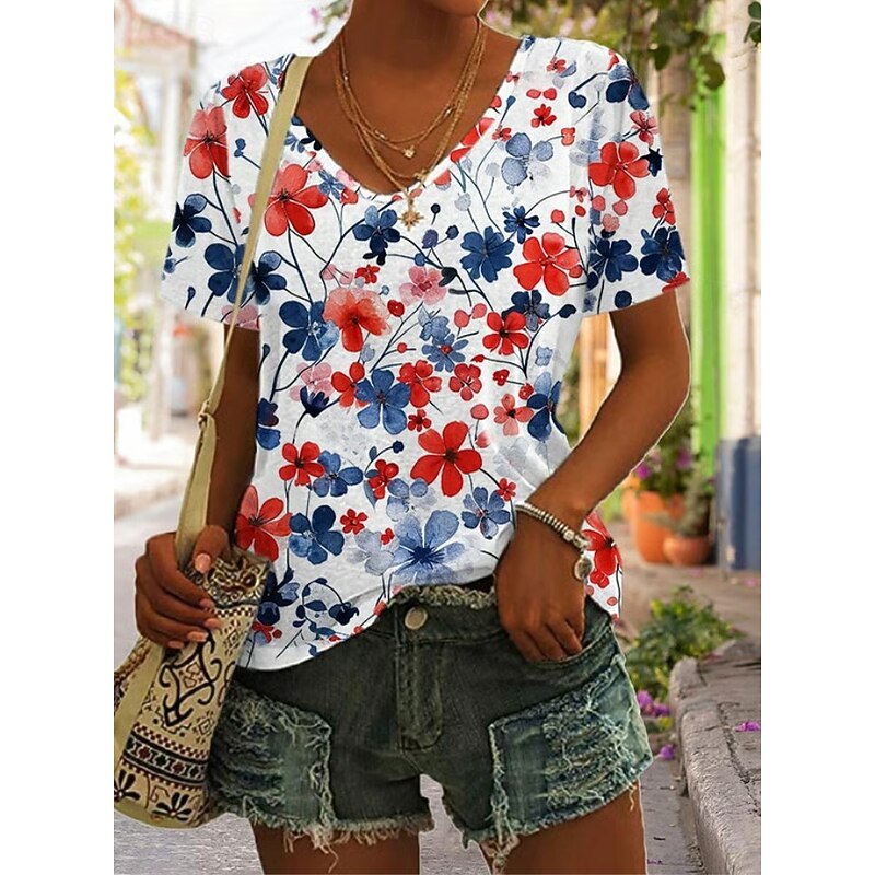 Women's Patriotic  T Shirt Graphic Geometric Star Vintage Stylish Classic Short Sleeve V Neck Regular Tops Daily Weekend Print Black White Yellow Red Blue Summer Spring