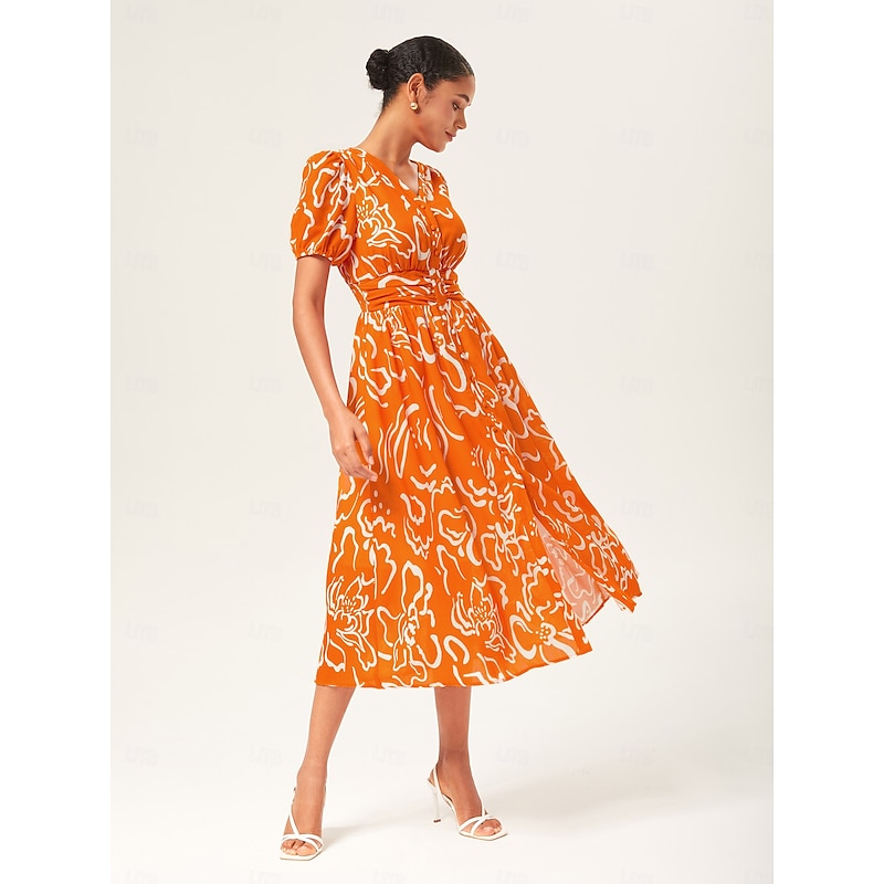 Abstract art print Linen-Like Fabric Waist-Cinching Maxi Dress2