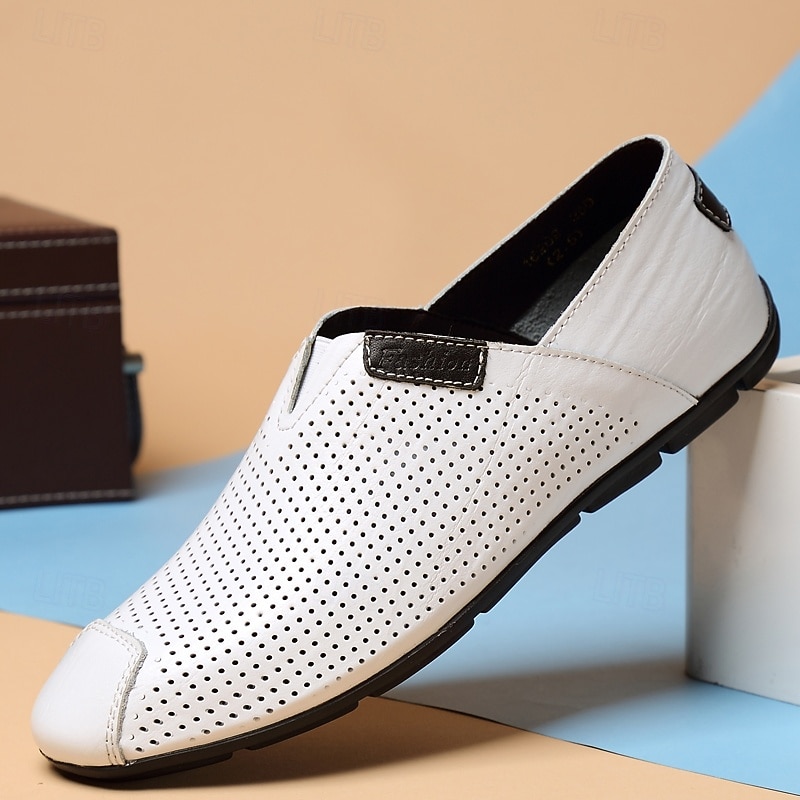 Men's White Perforated Slip-On Shoes Breathable and Comfortable Casual Loafers Perfect for Summer Travel and Everyday Wear