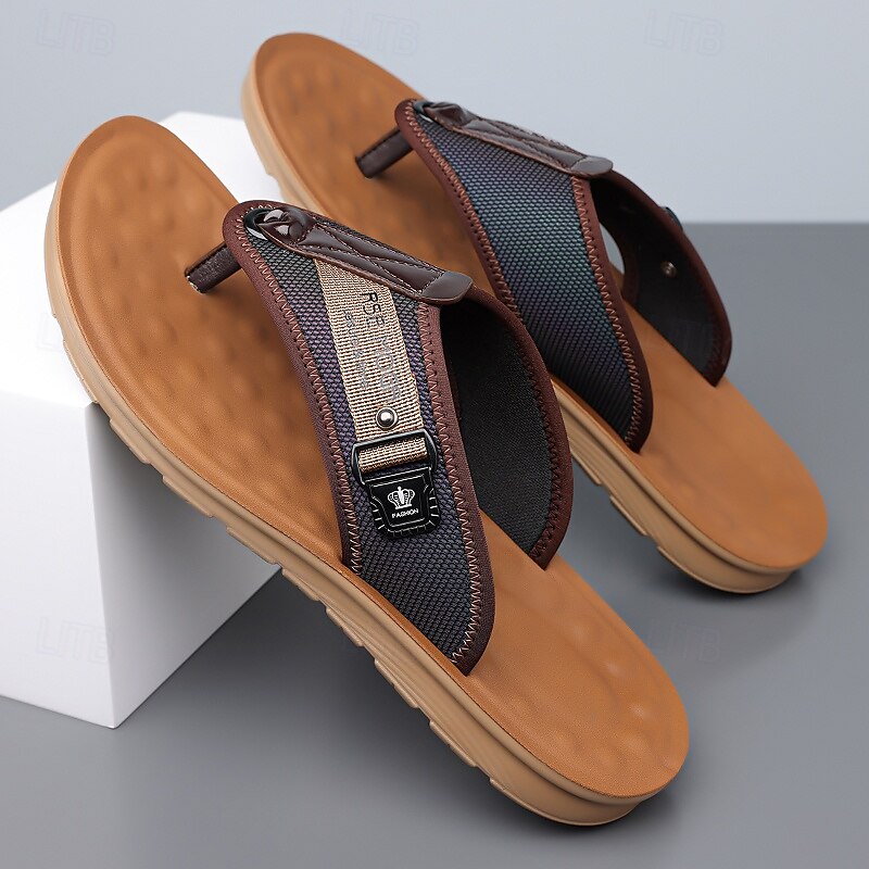 Men's Faux Leather and Mesh Flip Flops Breathable Slip-On Design with Cushioned Sole Ideal for Summer Beach Poolside and Relaxed Weekends3