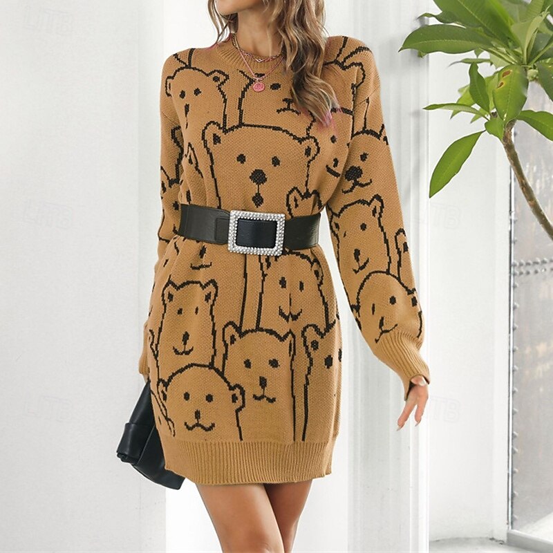 Women's Mini Dress Sweater Dress Knit Dress Casual Dress Fashion Outdoor Party Holiday Regular Fit Animal Long Sleeve Crew Neck White Green Khaki Fall Winter2